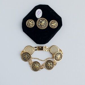 Vintage Damascene Medallion Jewelry Set IA Midas Toledo Spain Gold Tone & Enamel